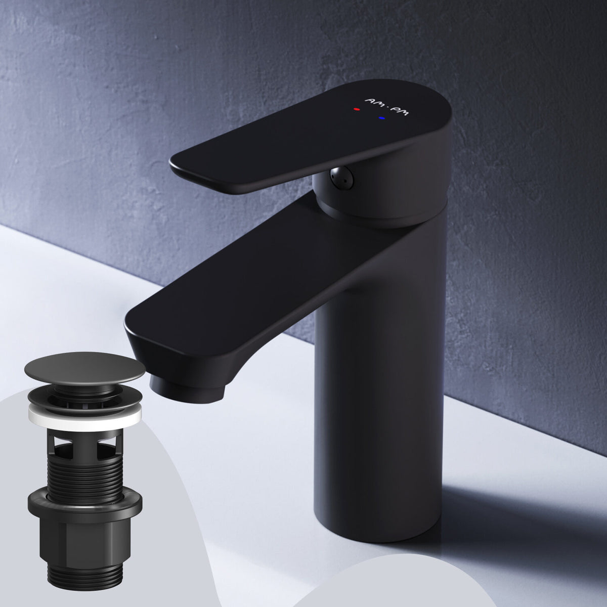 FTA82222 Bad Armatur Hit Waschtischarmatur M-Größe mit Klick-Ablaufgarnitur Wasserhahn, Schwarz ampm-store.de