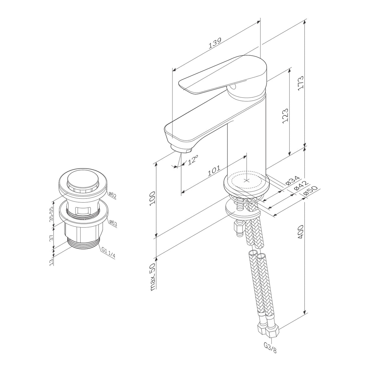Actionnez le robinet du lavabo M-Taille avec raccord de vidange à clic, noir–FTA82222