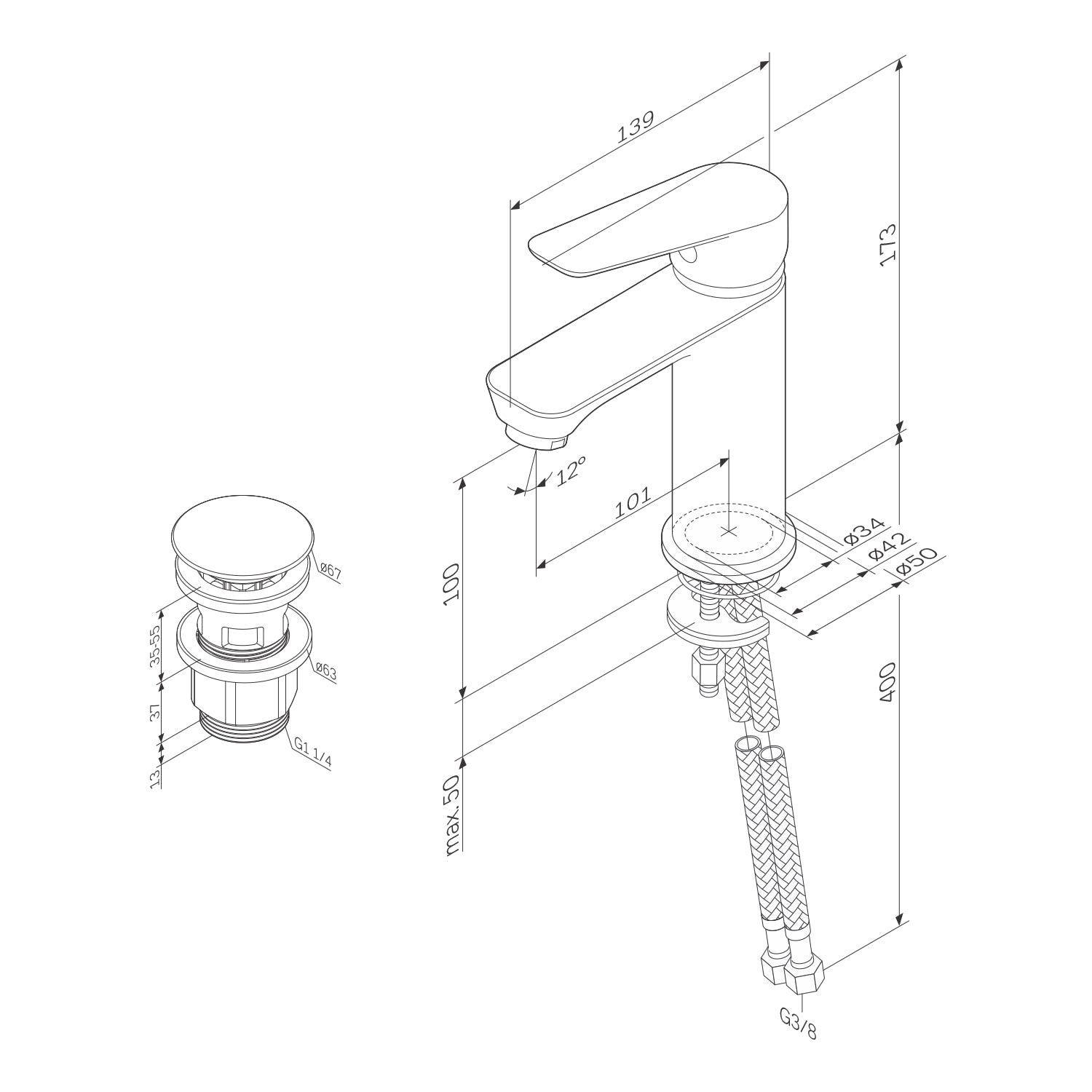 Robinet de salle de bain FTA82233 Robinet de lavabo Hit M-Taille avec robinet de vidange à clic, blanc