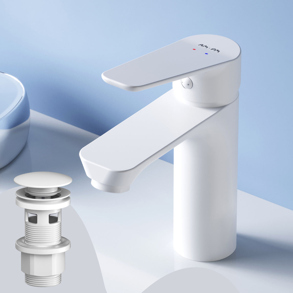 Actionnez le robinet du lavabo M-Taille avec raccord de vidange à clic, blanc–FTA82233