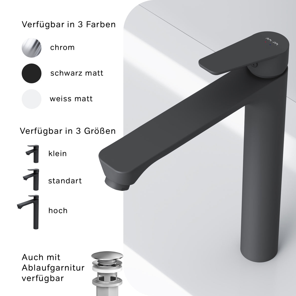 FTA92022 Bad Armatur Hit Waschtischarmatur mit hohem Auslauf Wasserhahn, Schwarz ampm-store.de