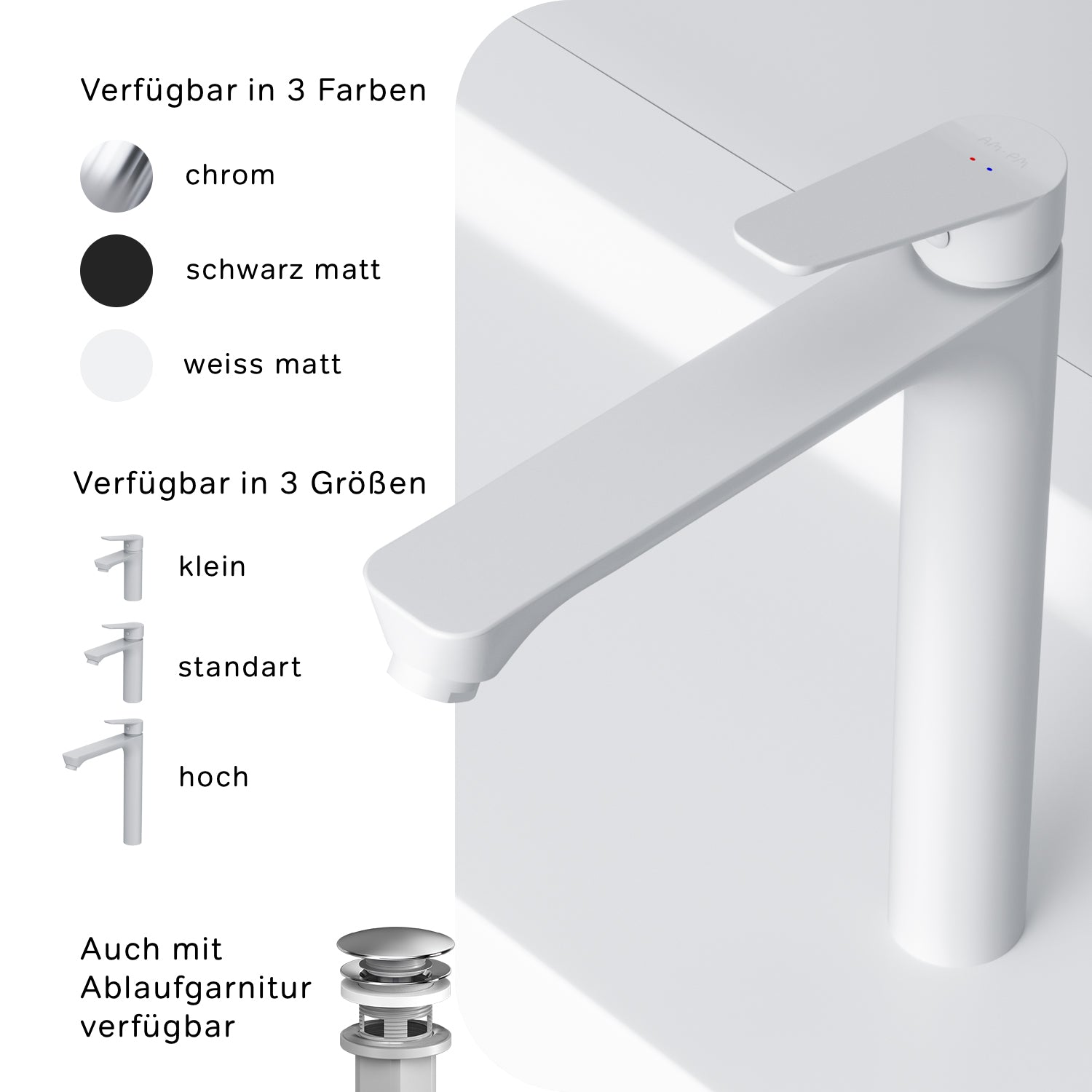 FTA92033 Bad Armatur Hit Waschtischarmatur mit hohem Auslauf Wasserhahn, Weiß ampm-store.de