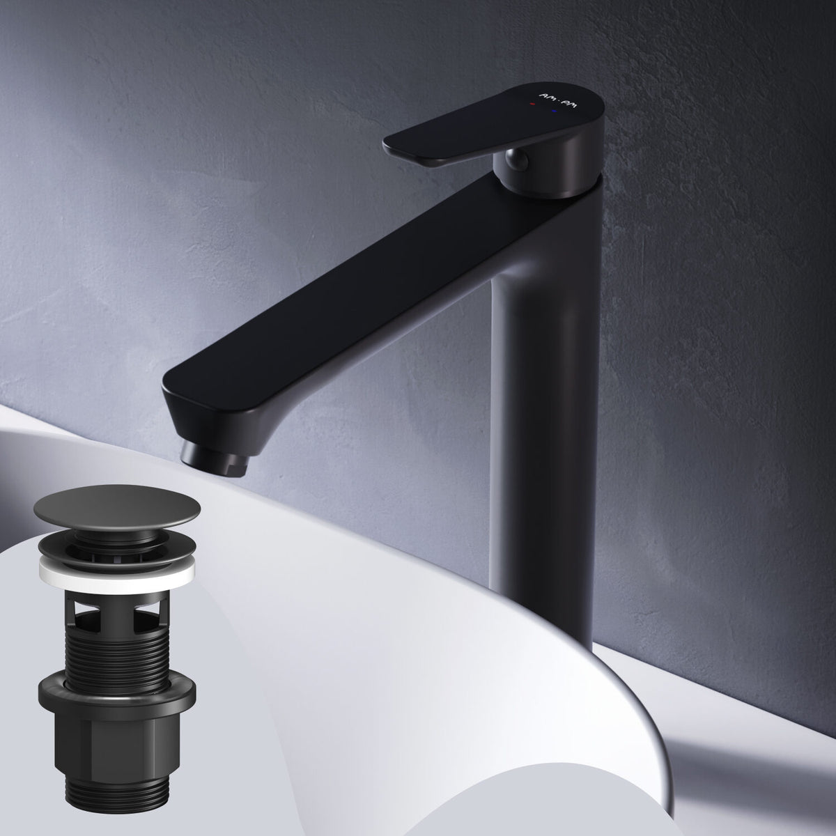FTA92222 Bad Armatur Hit Waschtischarmatur Hoch mit Klick-Ablaufgarnitur Wasserhahn, Schwarz ampm-store.de