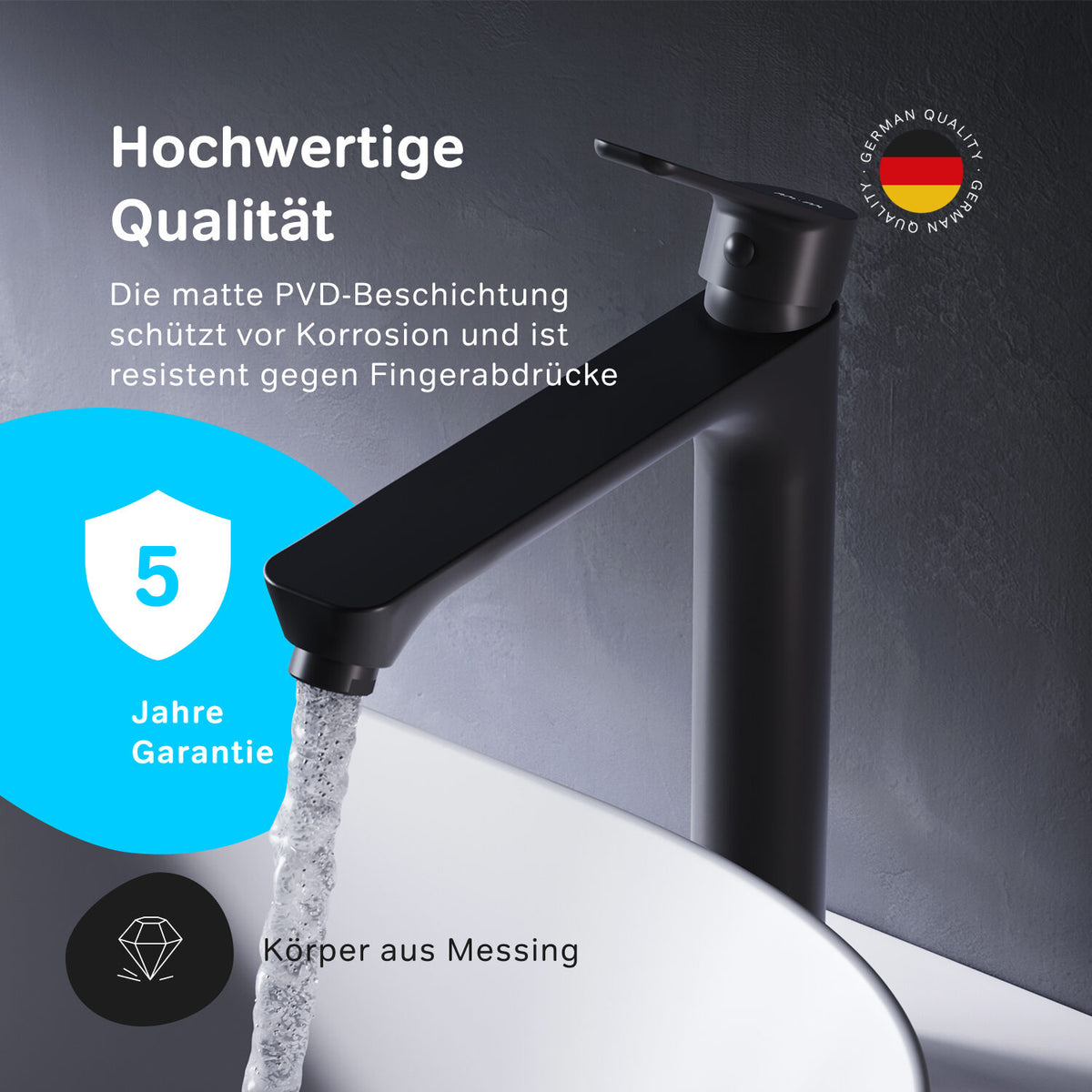 FTA92222 Bad Armatur Hit Waschtischarmatur Hoch mit Klick-Ablaufgarnitur Wasserhahn, Schwarz ampm-store.de