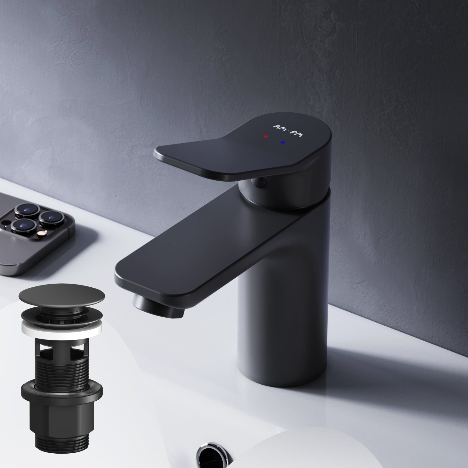 FXA82122 Bad Armatur X-Joy Waschtischarmatur mit Klick-Ablaufgarnitur Wasserhahn, Schwarz ampm-store.de