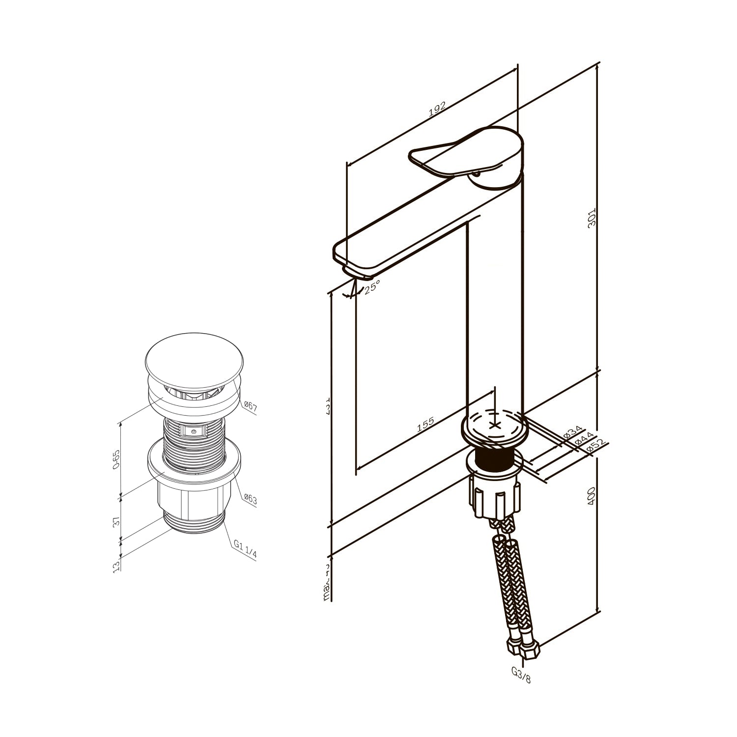 FXA92222 Bad Armatur X-Joy Waschtischarmatur Hoch mit Klick-Ablaufgarnitur Wasserhahn, Schwarz ampm-store.de