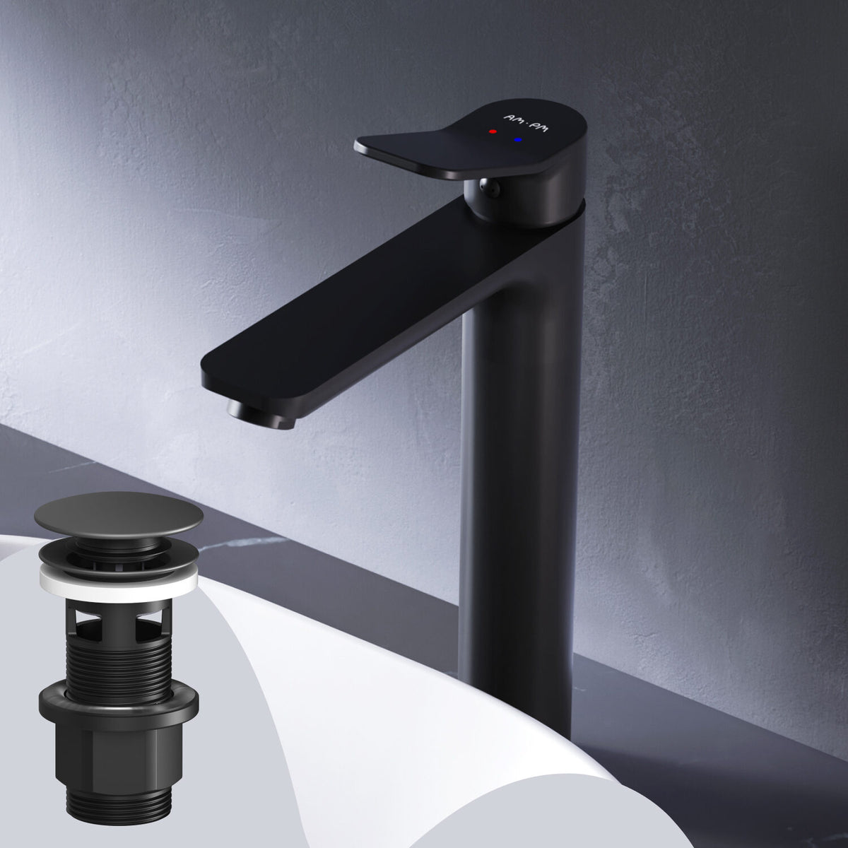 FXA92222 Bad Armatur X-Joy Waschtischarmatur Hoch mit Klick-Ablaufgarnitur Wasserhahn, Schwarz ampm-store.de