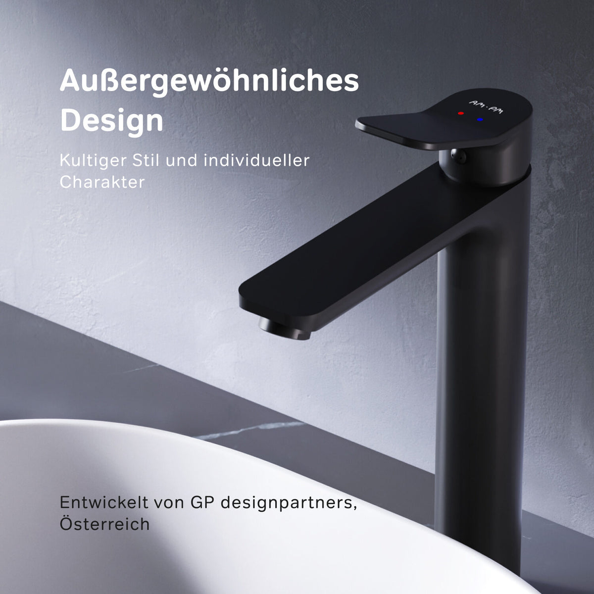 FXA92222 Bad Armatur X-Joy Waschtischarmatur Hoch mit Klick-Ablaufgarnitur Wasserhahn, Schwarz ampm-store.de
