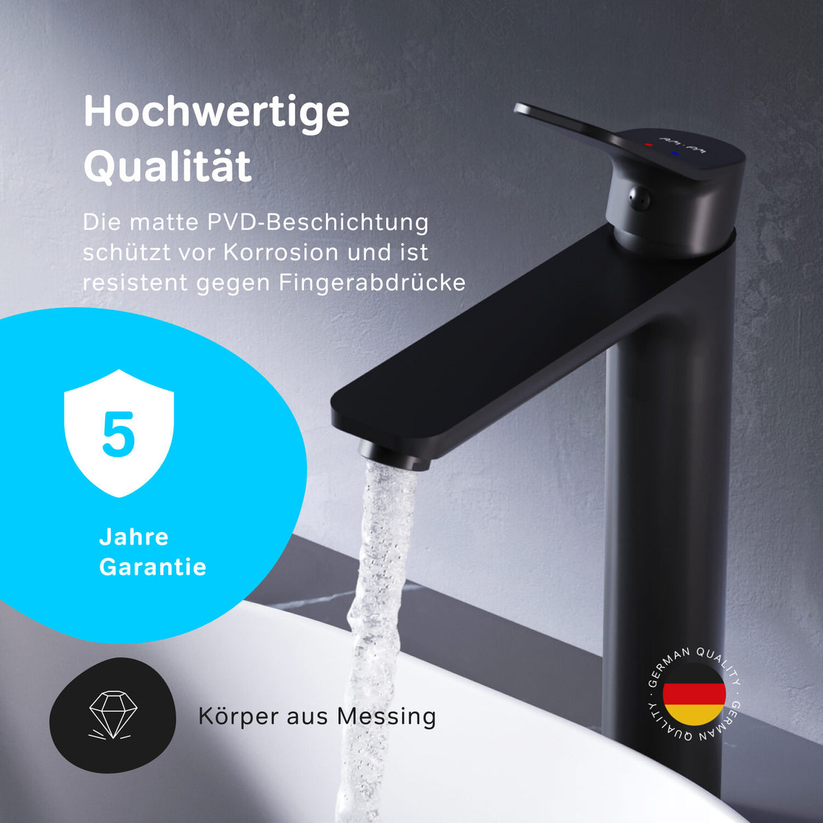 FXA92222 Bad Armatur X-Joy Waschtischarmatur Hoch mit Klick-Ablaufgarnitur Wasserhahn, Schwarz ampm-store.de
