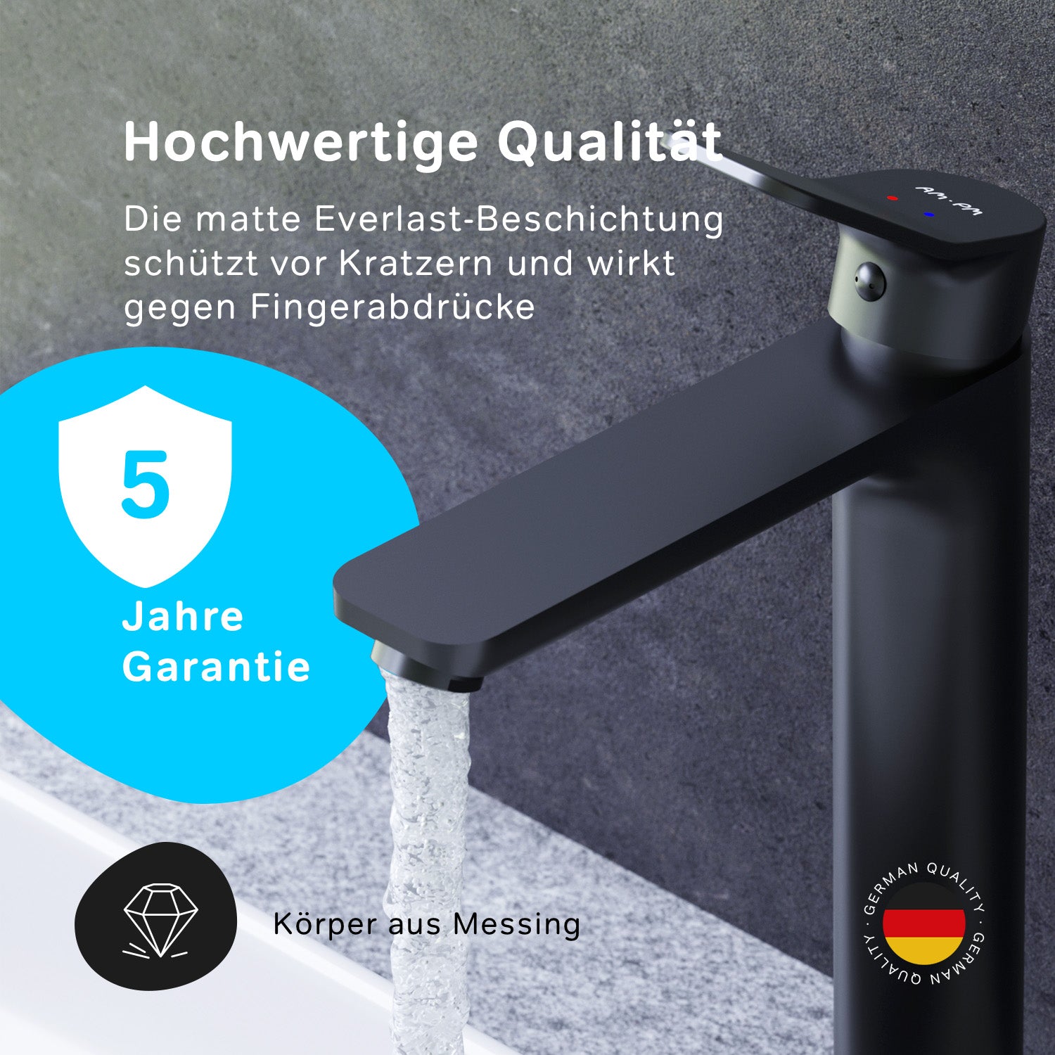 FXA92222 X-Joy Waschtischarmatur Hoch für Aufsatzwaschbecken mit Klick-Ablaufgarnitur, Schwarz, Matt | Online Store von AM.PM