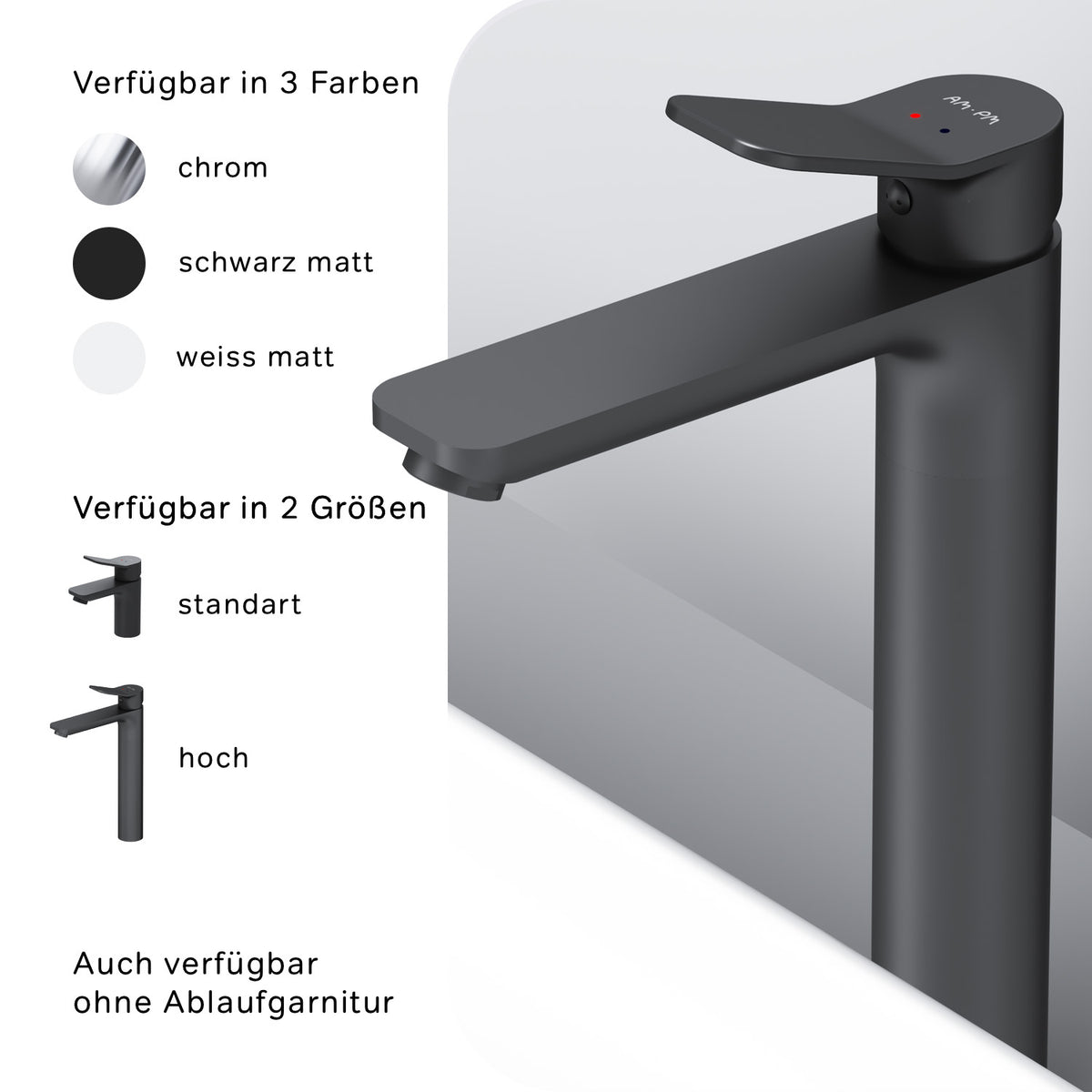 FXA92222 Bad Armatur X-Joy Waschtischarmatur Hoch mit Klick-Ablaufgarnitur Wasserhahn, Schwarz ampm-store.de