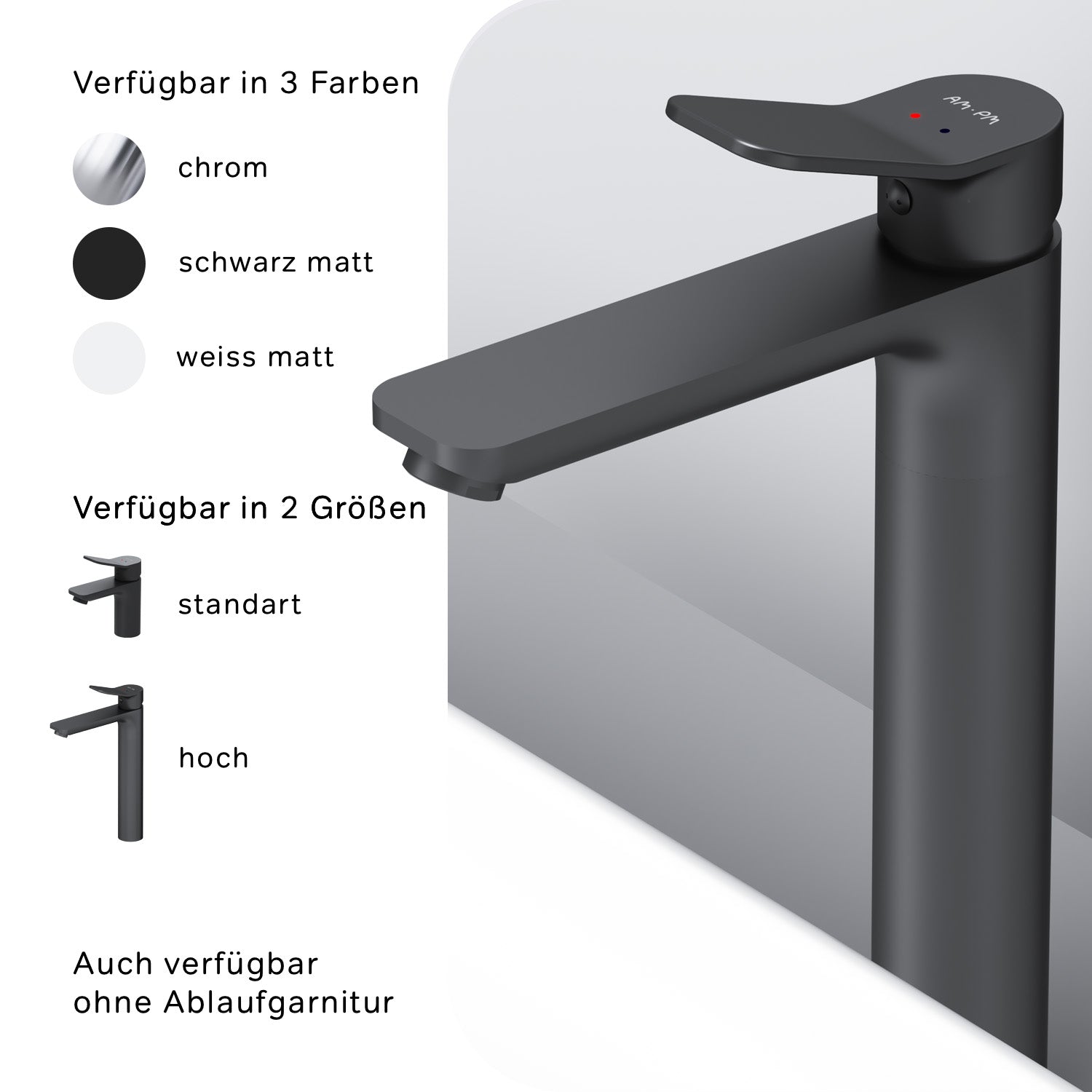 FXA92222 Bad Armatur X-Joy Waschtischarmatur Hoch mit Klick-Ablaufgarnitur Wasserhahn, Schwarz ampm-store.de