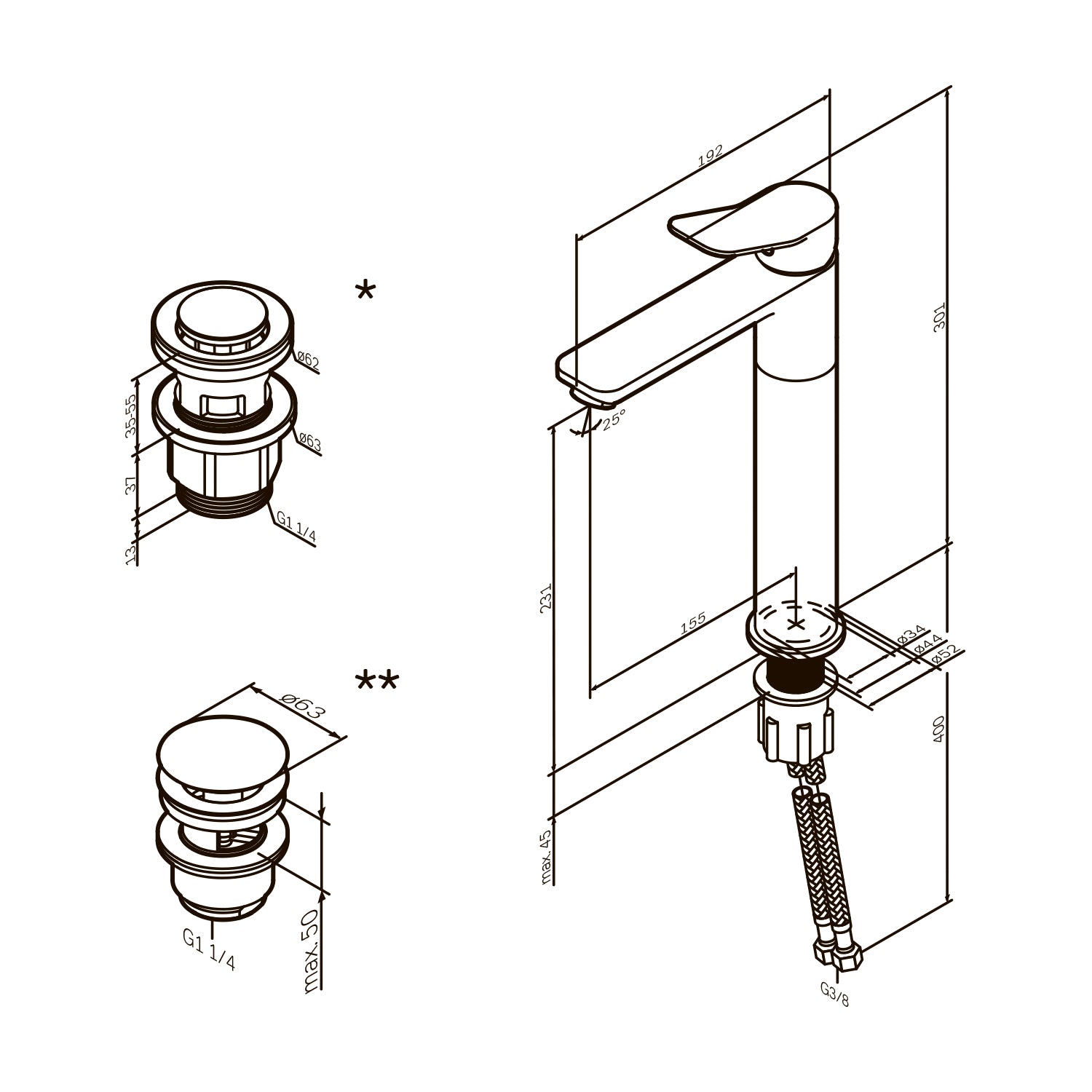 Robinet de salle de bain FXA92233, robinet de lavabo X-Joy, haut, avec bonde à clic, blanc