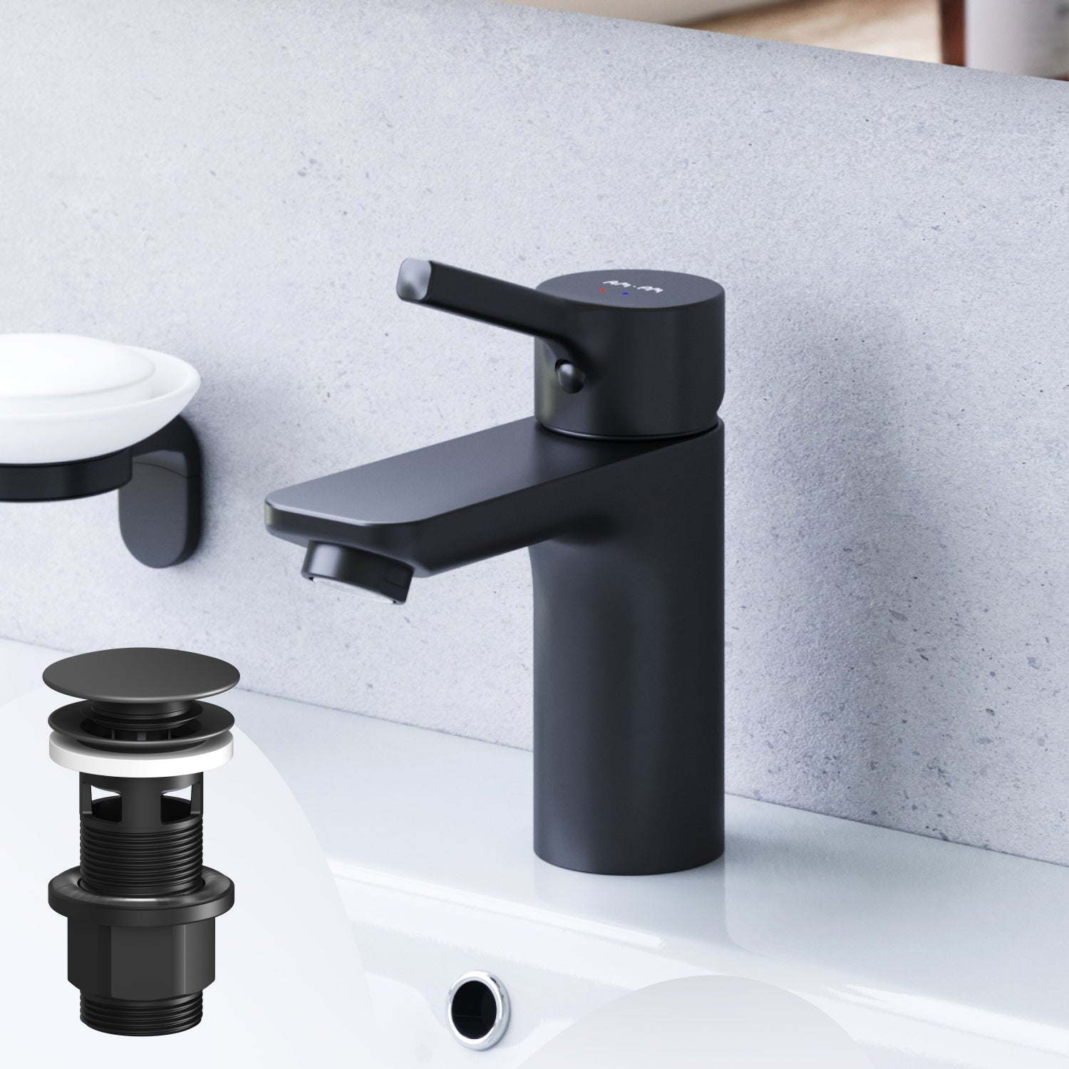 FXB82122 Bad Armatur X-Joy S Waschtischarmatur mit Klick-Ablaufgarnitur Wasserhahn, Schwarz ampm-store.de