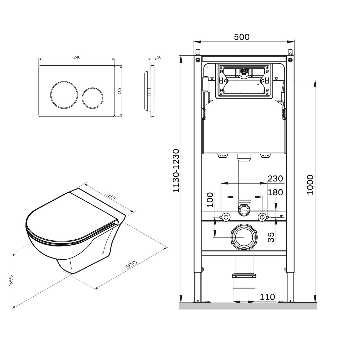 IIS90151.TA1700 Set: Wand-WC + Vorwandelement + Drückerplatte ampm-store.de