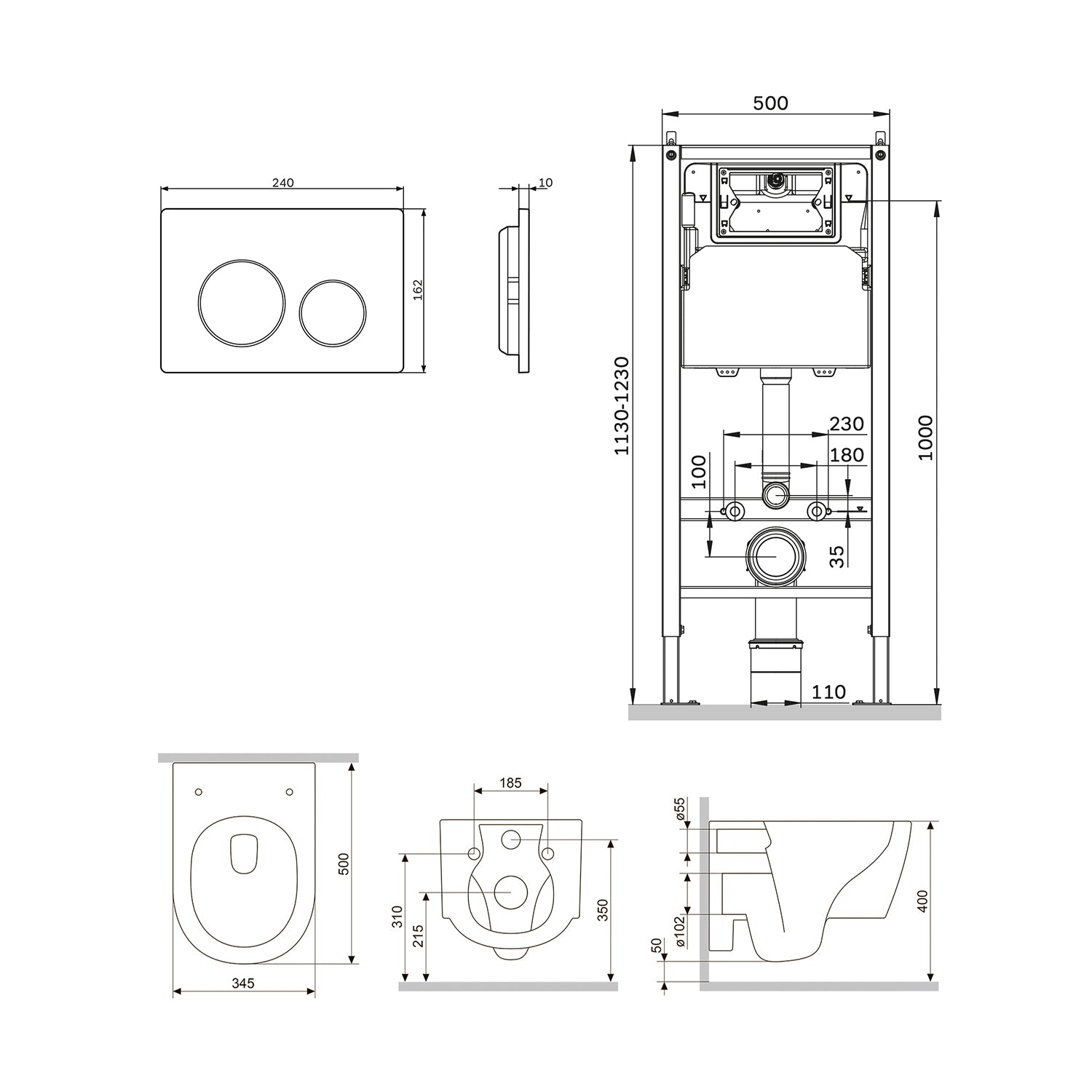IIS90151.XB1700 Set: Wand-WC + Vorwandelement + Drückerplatte ampm-store.de
