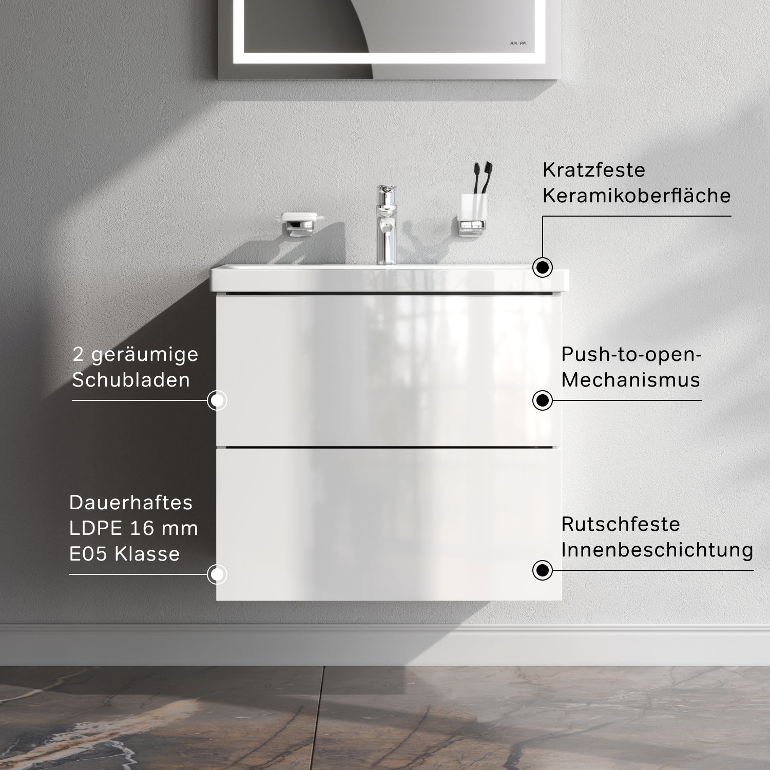 MGA-FHX06022WG-WCC0602WG Meuble sous-vasque avec vasque, 60 cm, 2 tiroirs Meuble de salle de bain Gem vasque avec meuble bas