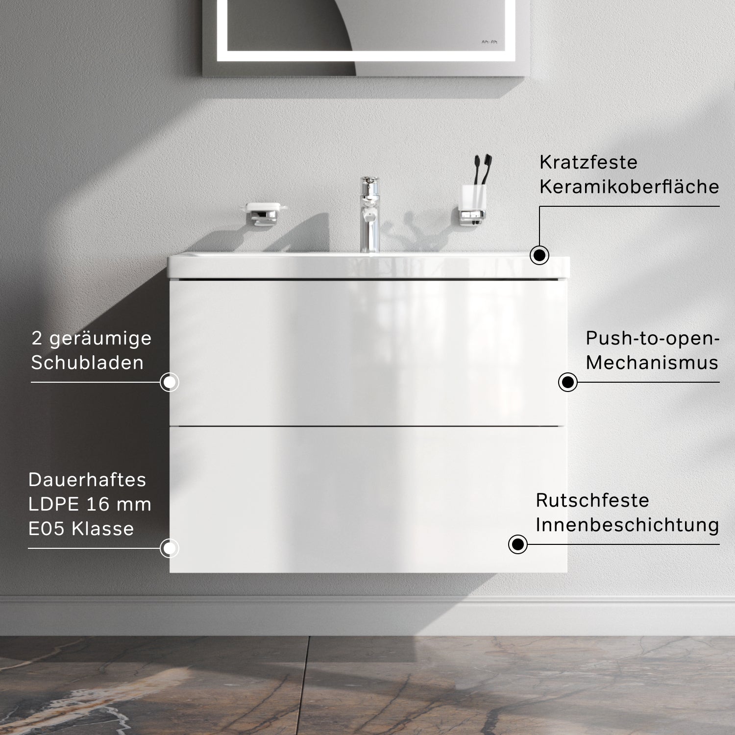 MGA-FHX06022WG-WCC0602WG Meuble sous-vasque avec vasque, 60 cm, 2 tiroirs Meuble de salle de bain Gem vasque avec meuble bas