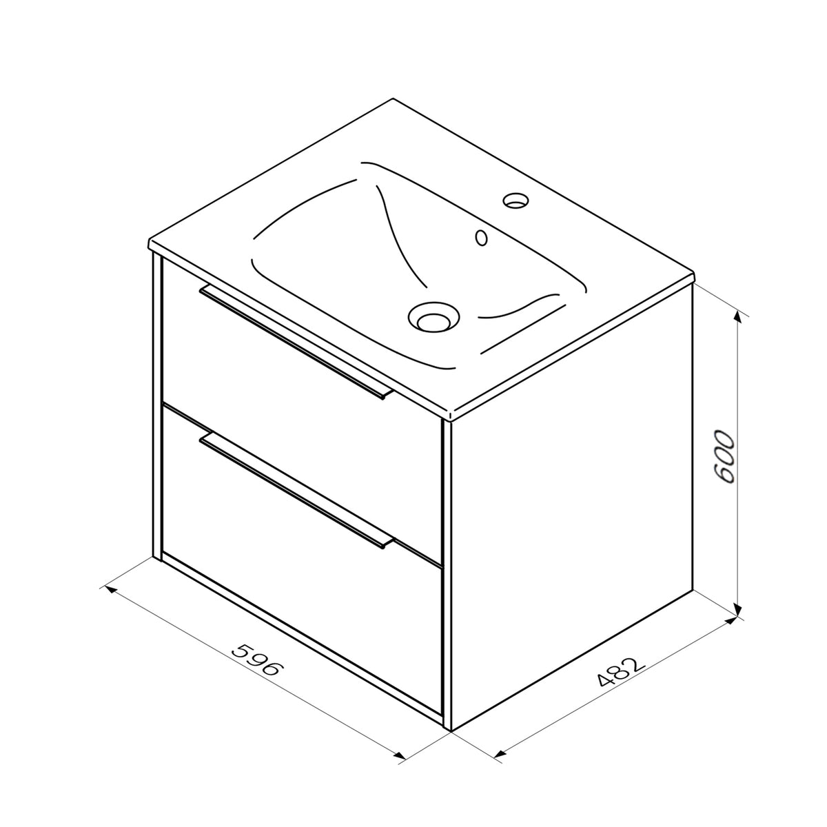 Meuble vasque avec lavabo, 60 cm, livré à plat, 2 tiroirs, blanc brillant–MNA-FHX0602WGSP-WCC0602WG