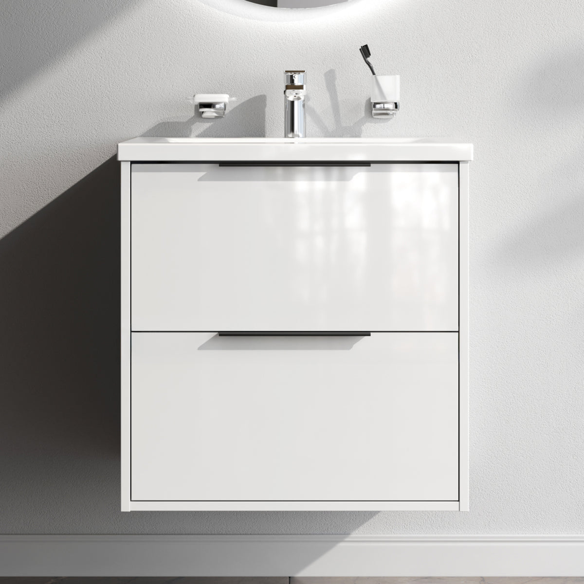 Meuble vasque avec lavabo, 60 cm, livré à plat, 2 tiroirs, blanc brillant–MNA-FHX0602WGSP-WCC0602WG