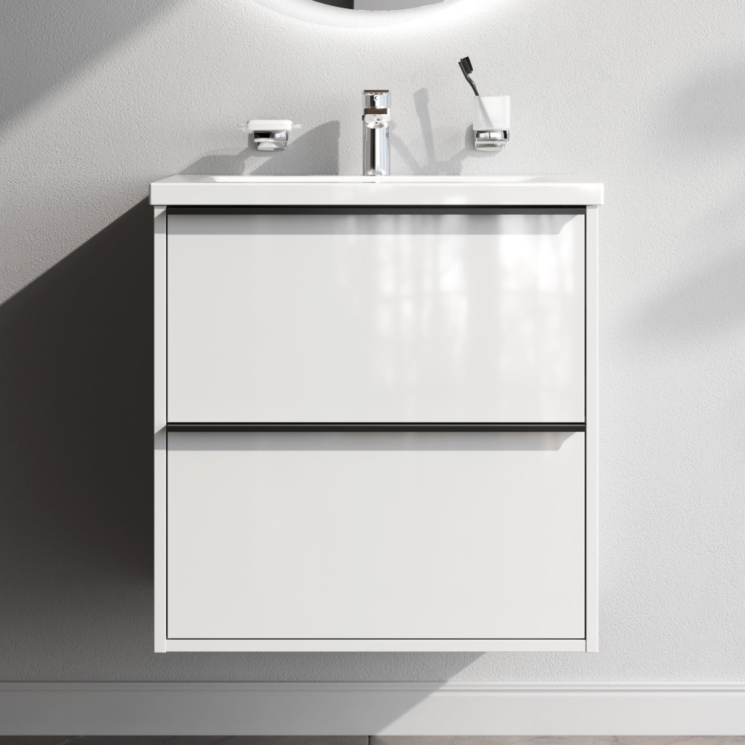 MNA-FHX0602WGSP-WCC0602WG Meuble sous-vasque avec vasque, livré en kit, 60 cm, 2 tiroirs, blanc brillant