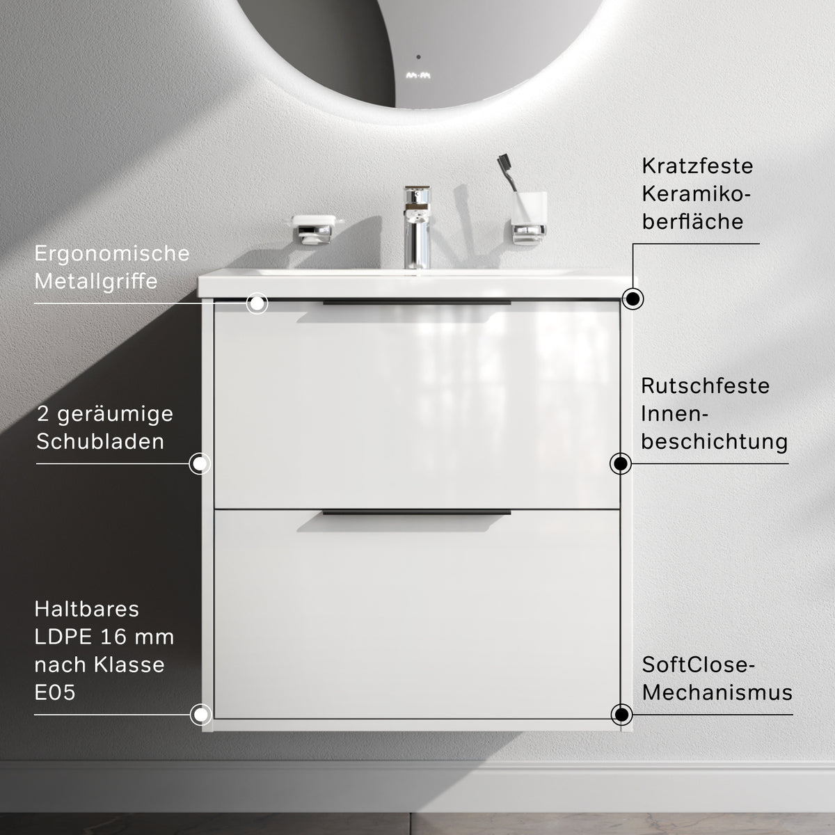 Meuble vasque avec lavabo, 60 cm, livré à plat, 2 tiroirs, blanc brillant–MNA-FHX0602WGSP-WCC0602WG