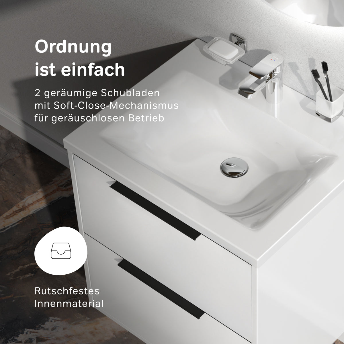 Meuble vasque avec lavabo, 60 cm, livré à plat, 2 tiroirs, blanc brillant–MNA-FHX0602WGSP-WCC0602WG