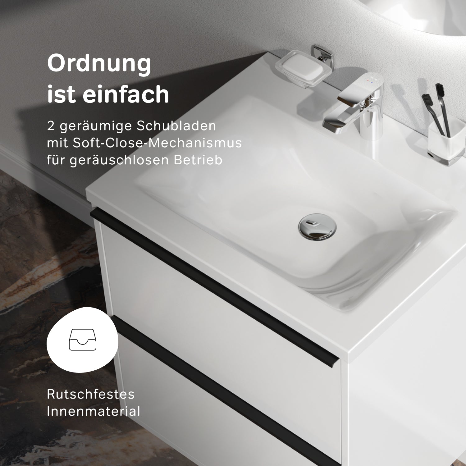 MNA-FHX0602WGSP-WCC0602WG Meuble sous-vasque avec vasque, livré en kit, 60 cm, 2 tiroirs, blanc brillant