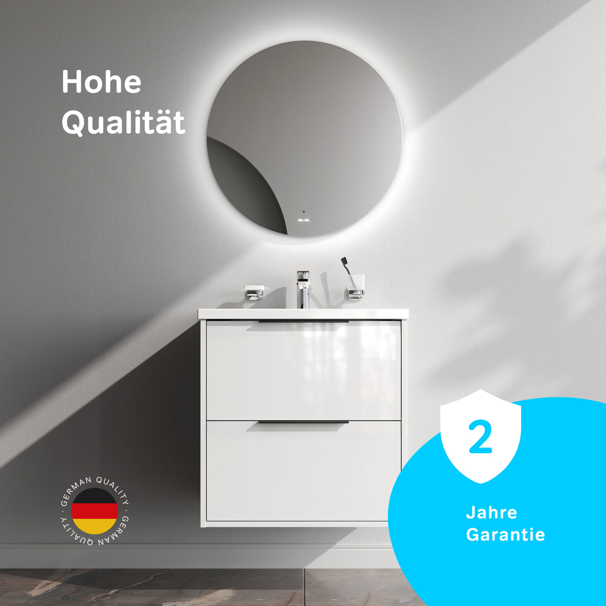 Meuble vasque avec lavabo, 60 cm, livré à plat, 2 tiroirs, blanc brillant–MNA-FHX0602WGSP-WCC0602WG