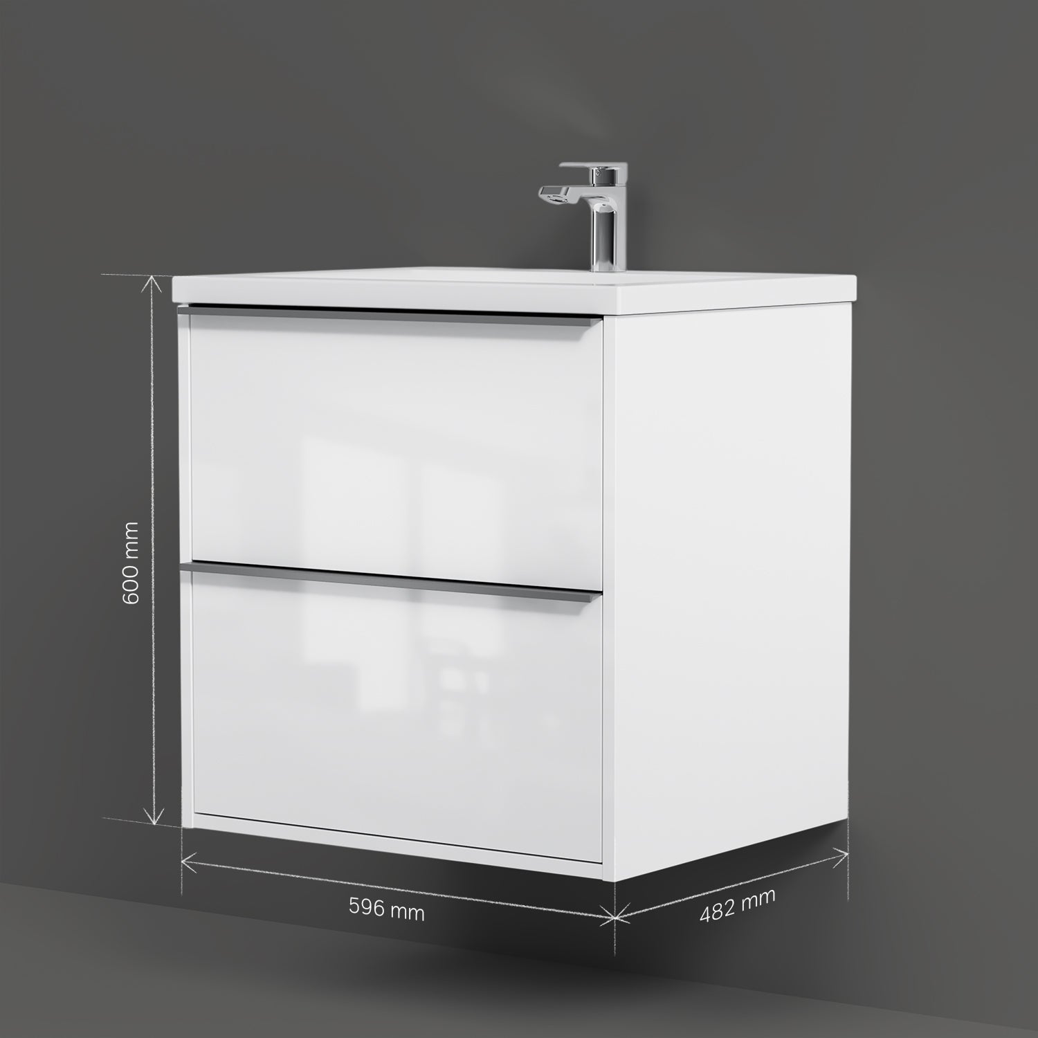 MNA-FHX0602WGSP-WCC0602WG Meuble sous-vasque avec vasque, livré en kit, 60 cm, 2 tiroirs, blanc brillant