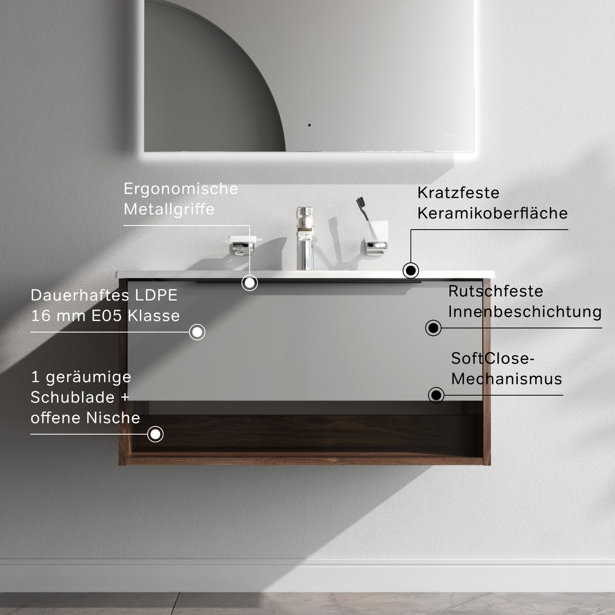 MNA-FHX0801GM-WCC0802WG Waschtischunterschrank mit Becken, 80 cm, 1 Schublade + offene Nische, Graphit matt ampm-store.de