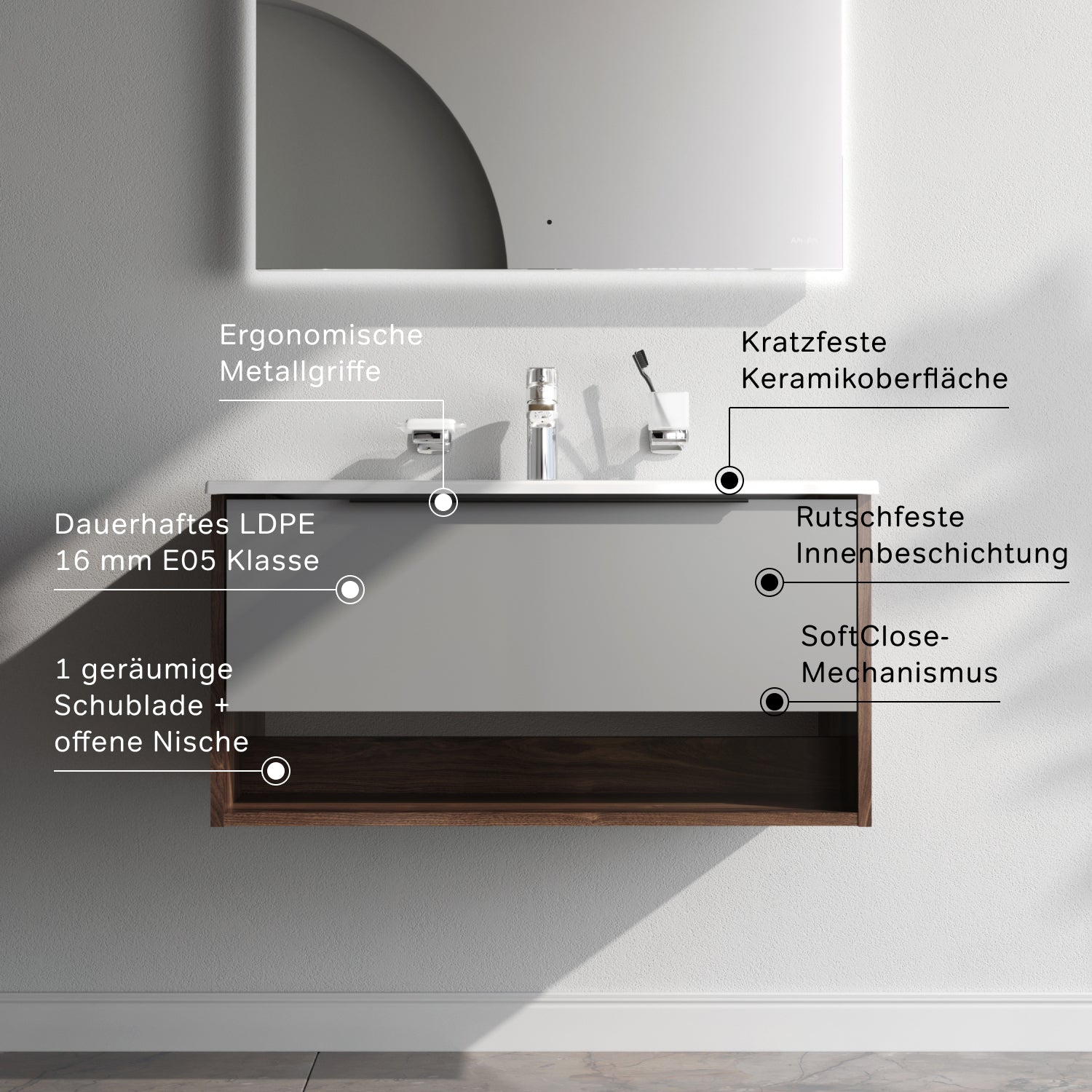MNA-FHX0801GM-WCC0802WG Waschtischunterschrank mit Becken, 80 cm, 1 Schublade + offene Nische, Graphit matt ampm-store.de