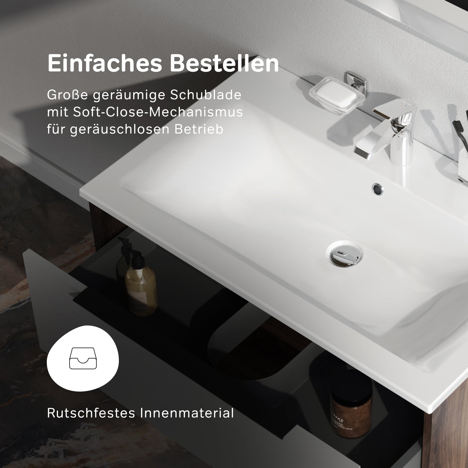 MNA-FHX0801GM-WCC0802WG Waschtischunterschrank mit Becken, 80 cm, 1 Schublade + offene Nische, Graphit matt ampm-store.de