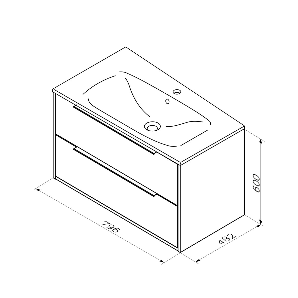 Meuble vasque avec lavabo, 80 cm, livré à plat, 2 tiroirs, blanc brillant–MNA-FHX0802WGSP-WCC0802WG