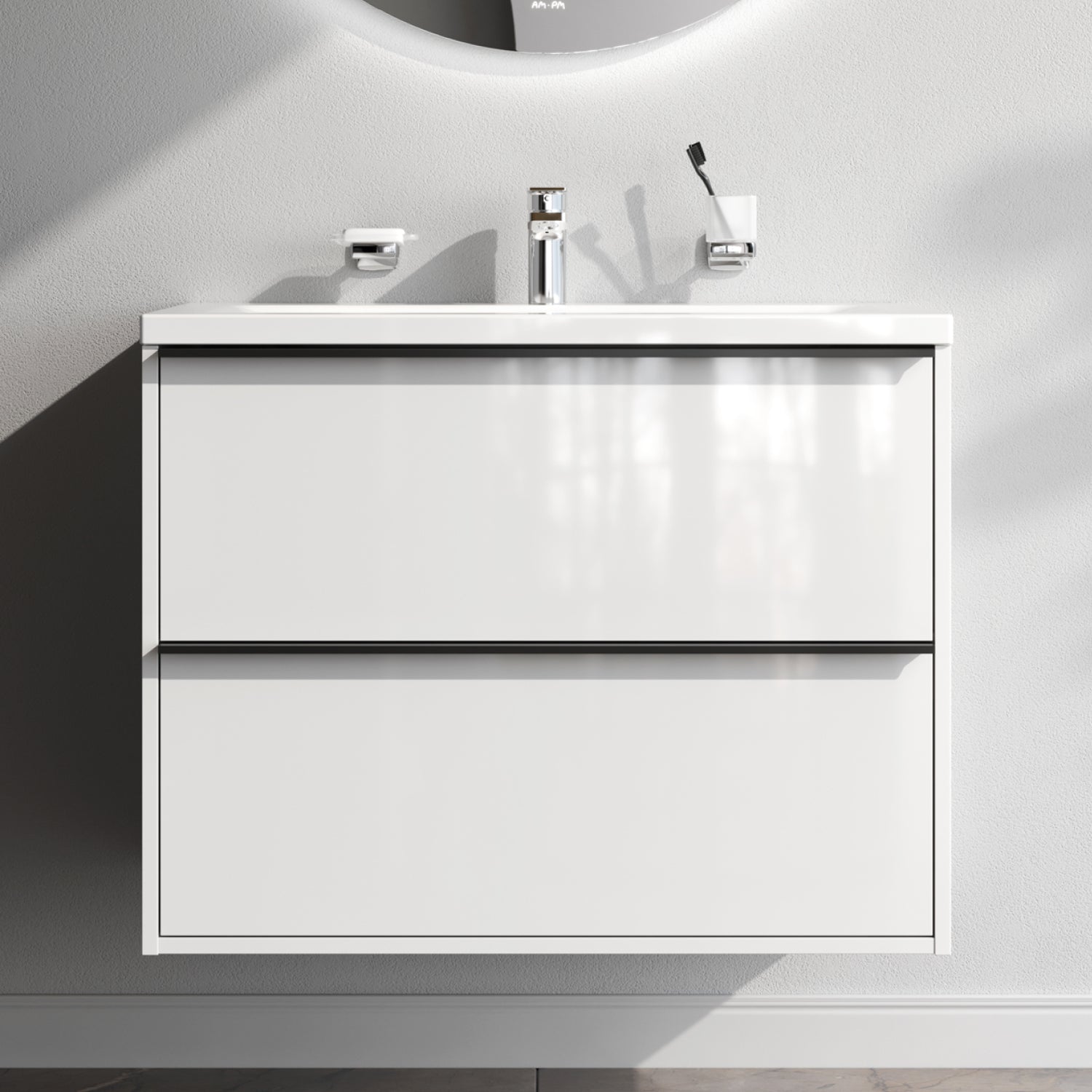 MNA-FHX0802WGSP-WCC0802WG Meuble sous-vasque avec vasque, livré en kit, 80 cm, 2 tiroirs, blanc brillant