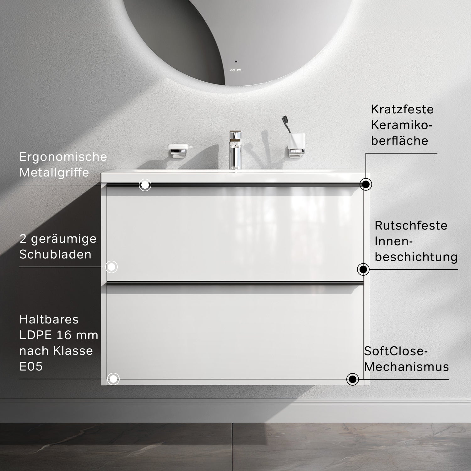 MNA-FHX0802WGSP-WCC0802WG Meuble sous-vasque avec vasque, livré en kit, 80 cm, 2 tiroirs, blanc brillant