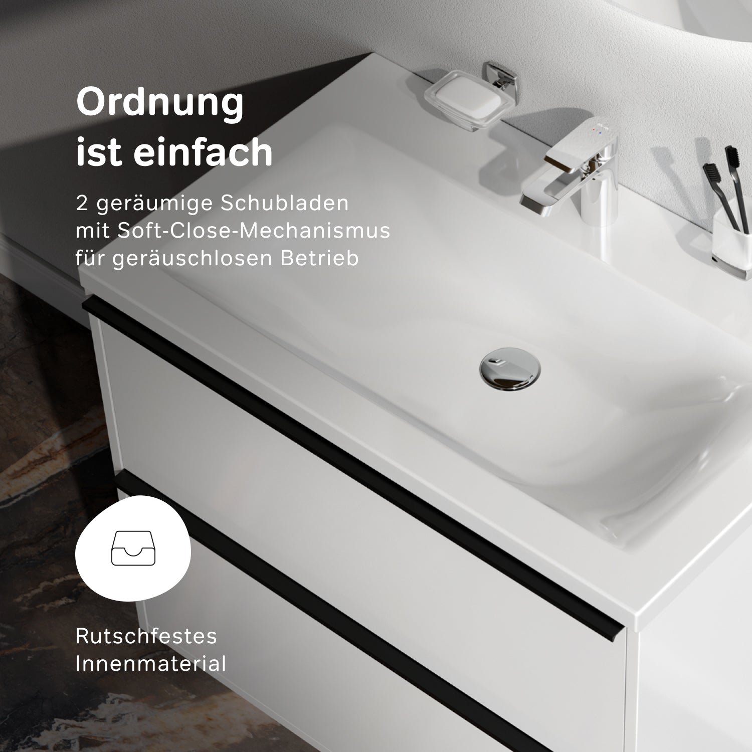 MNA-FHX0802WGSP-WCC0802WG Meuble sous-vasque avec vasque, livré en kit, 80 cm, 2 tiroirs, blanc brillant