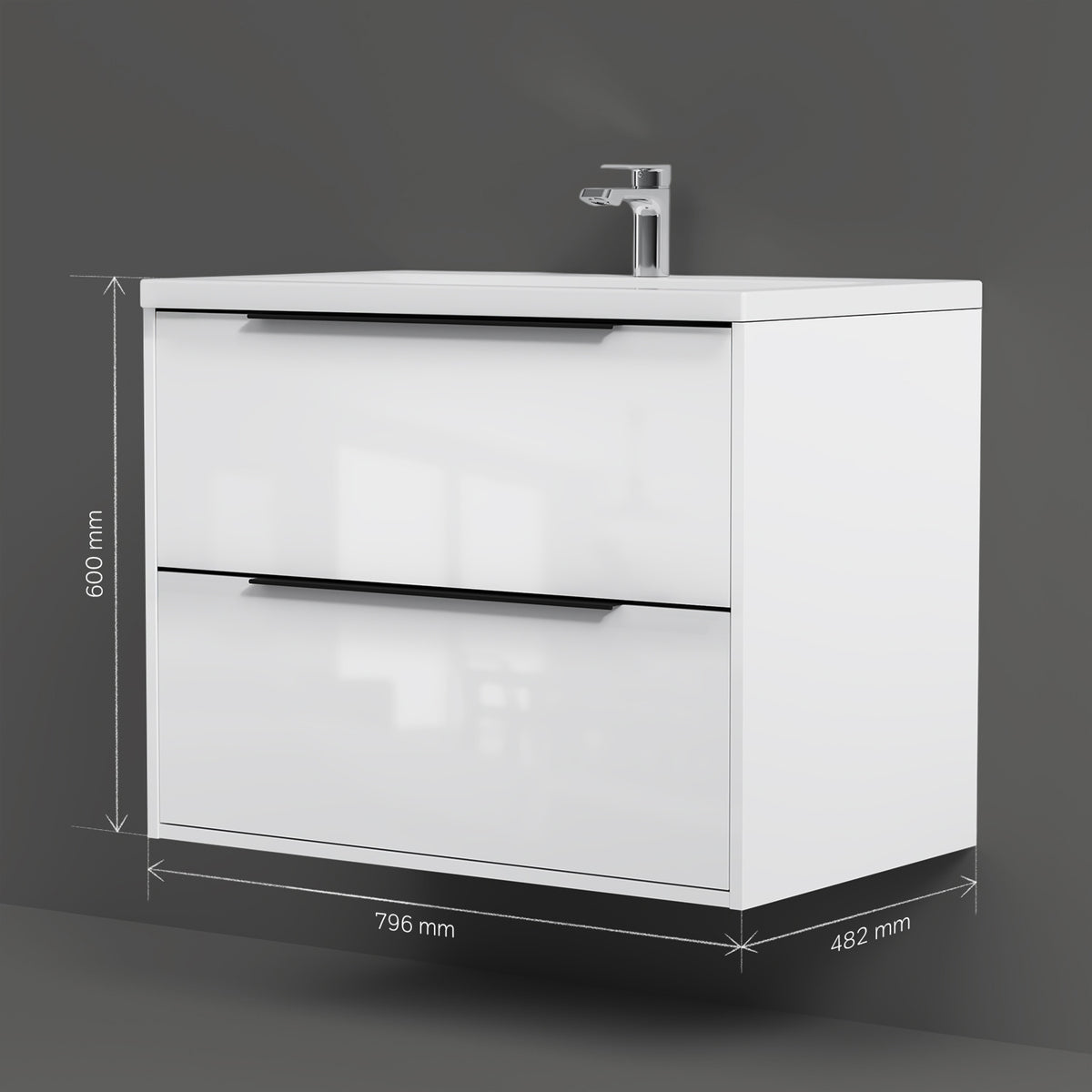 Meuble vasque avec lavabo, 80 cm, livré à plat, 2 tiroirs, blanc brillant–MNA-FHX0802WGSP-WCC0802WG