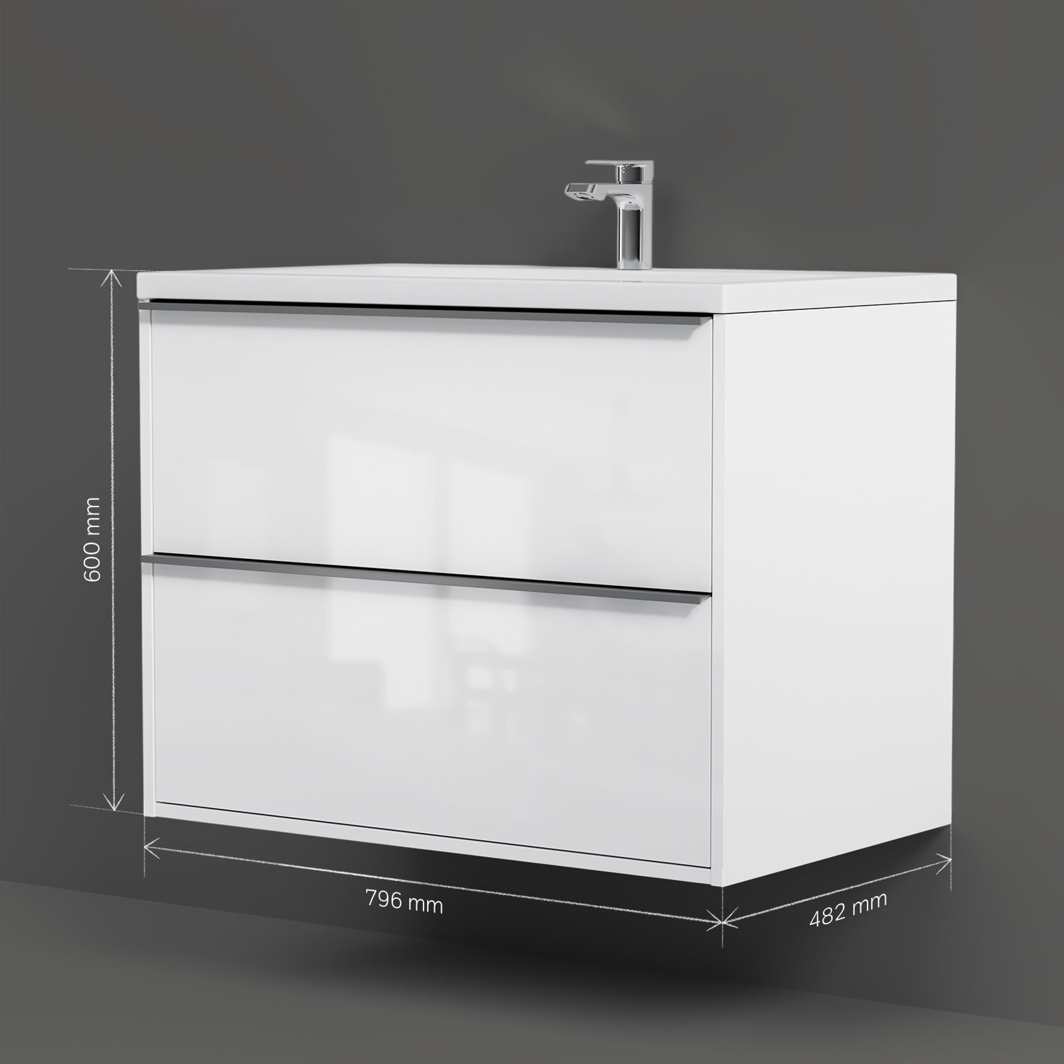 MNA-FHX0802WGSP-WCC0802WG Meuble sous-vasque avec vasque, livré en kit, 80 cm, 2 tiroirs, blanc brillant
