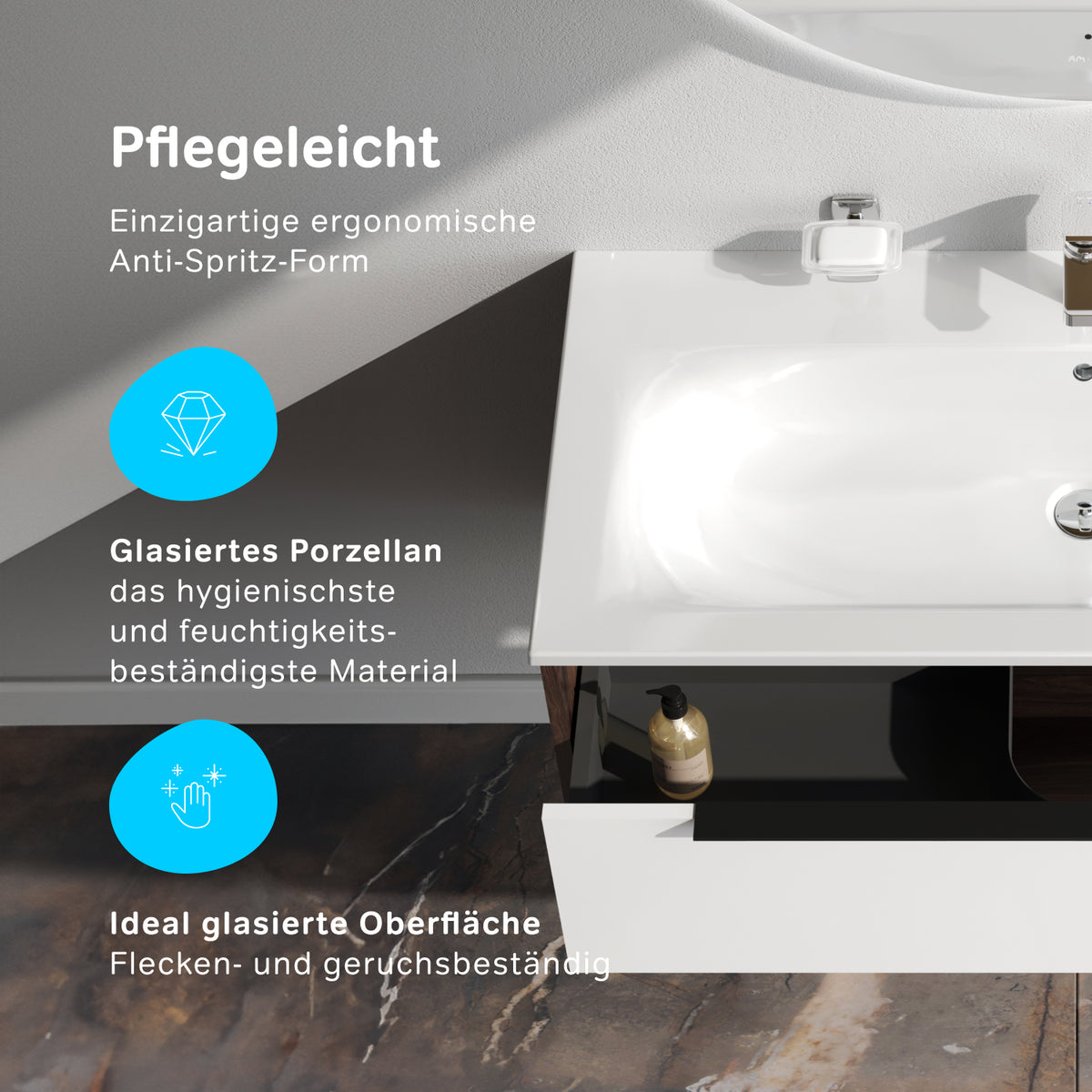 MNA-FHX1001WG-WCC1002WG Waschtischunterschrank mit Becken, 100 cm, 1 Schublade + offene Nische, Weiß glänzend ampm-store.de
