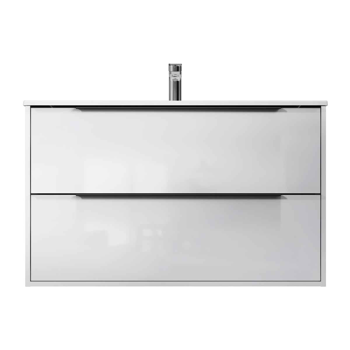 Meuble vasque avec lavabo, 100 cm, livré à plat, 2 tiroirs, blanc brillant–MNA-FHX1002WGSP-WCC1002WG