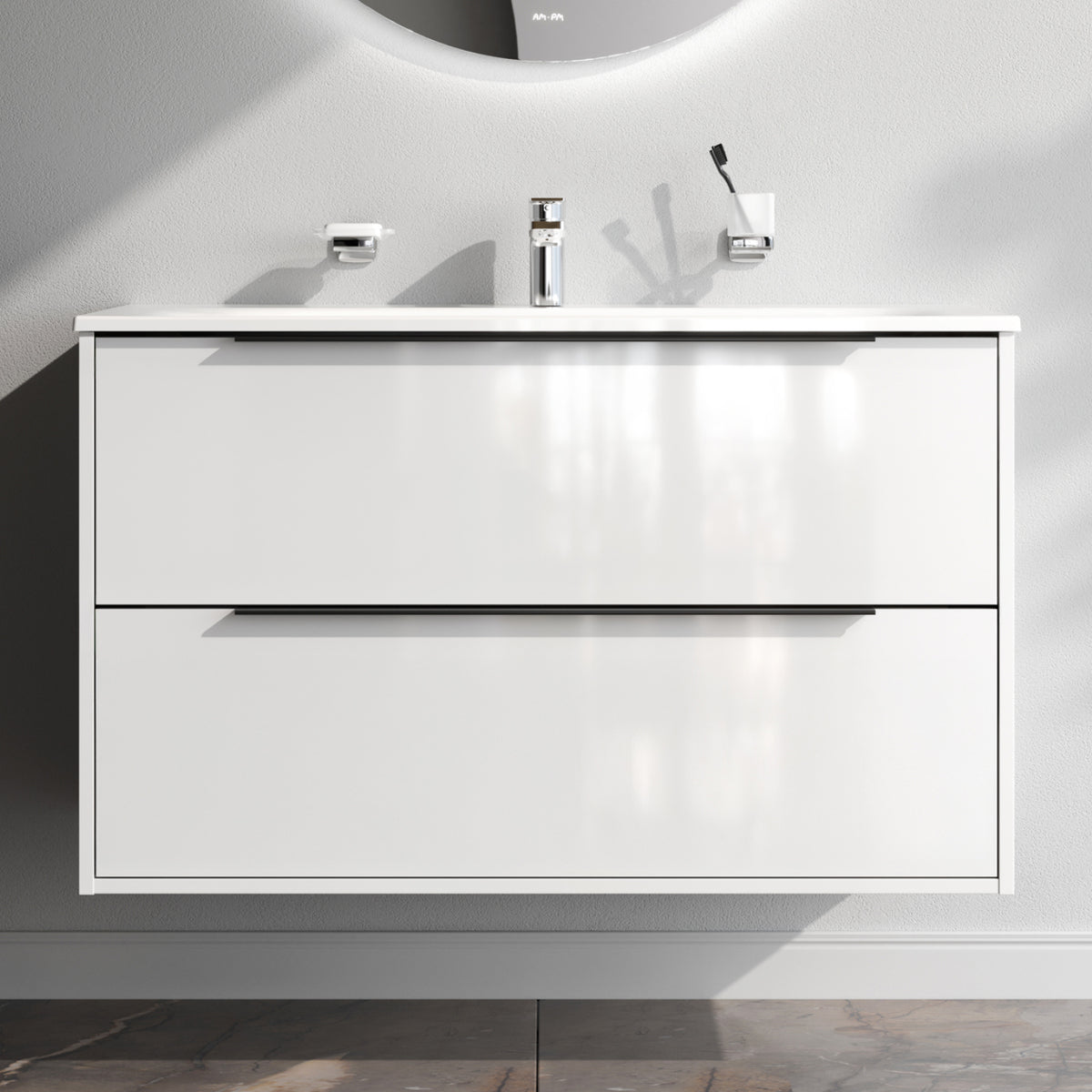 Meuble vasque avec lavabo, 100 cm, livré à plat, 2 tiroirs, blanc brillant–MNA-FHX1002WGSP-WCC1002WG