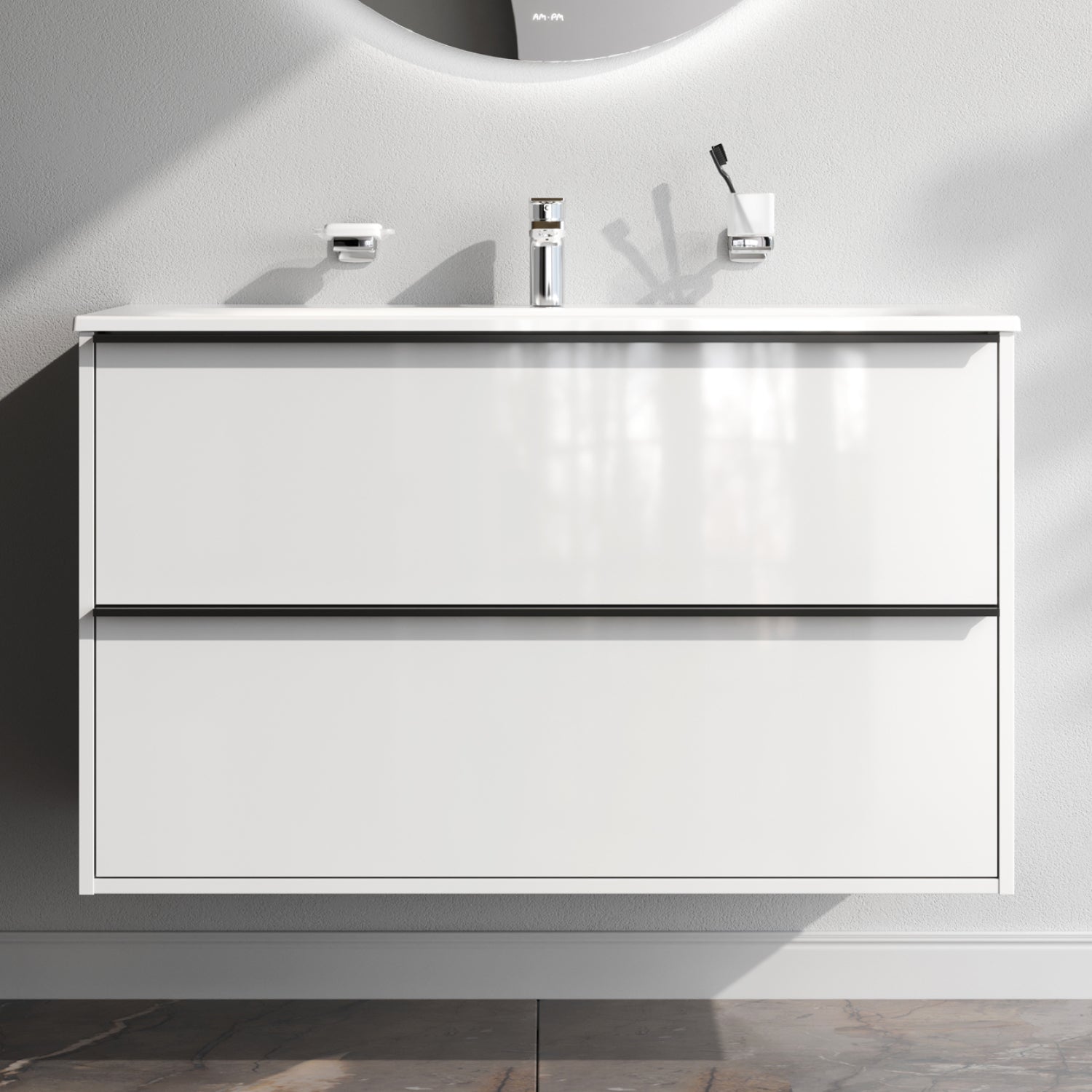 MNA-FHX1002WGSP-WCC1002WG Meuble sous-vasque avec vasque, livré en kit, 100 cm, 2 tiroirs, blanc brillant