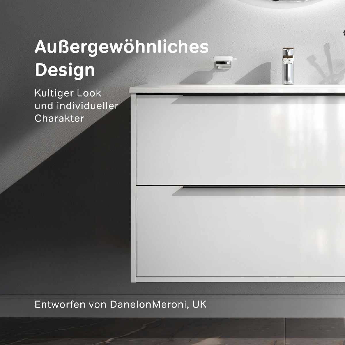 Meuble vasque avec lavabo, 100 cm, livré à plat, 2 tiroirs, blanc brillant–MNA-FHX1002WGSP-WCC1002WG