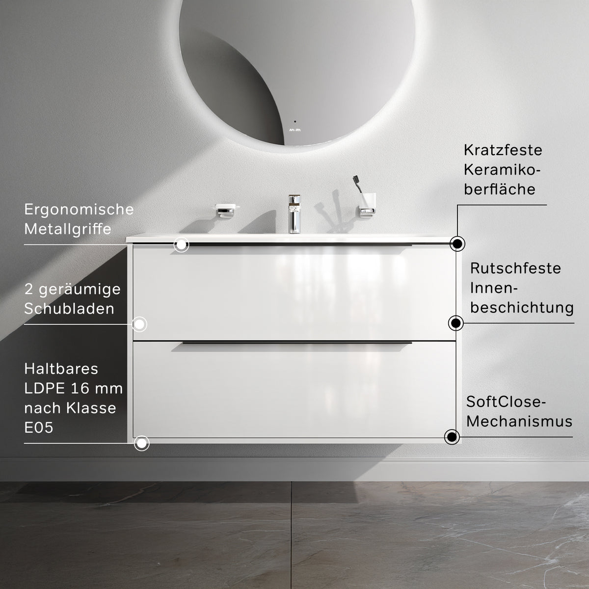 Meuble vasque avec lavabo, 100 cm, livré à plat, 2 tiroirs, blanc brillant–MNA-FHX1002WGSP-WCC1002WG