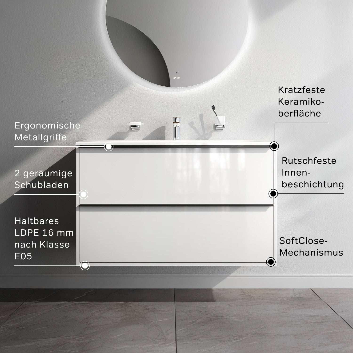 MNA-FHX1002WGSP-WCC1002WG Meuble sous-vasque avec vasque, livré en kit, 100 cm, 2 tiroirs, blanc brillant