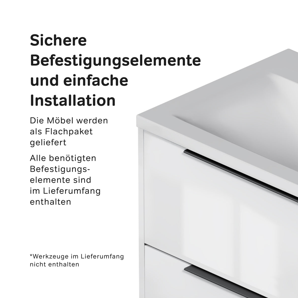 Meuble vasque avec lavabo, 100 cm, livré à plat, 2 tiroirs, blanc brillant–MNA-FHX1002WGSP-WCC1002WG