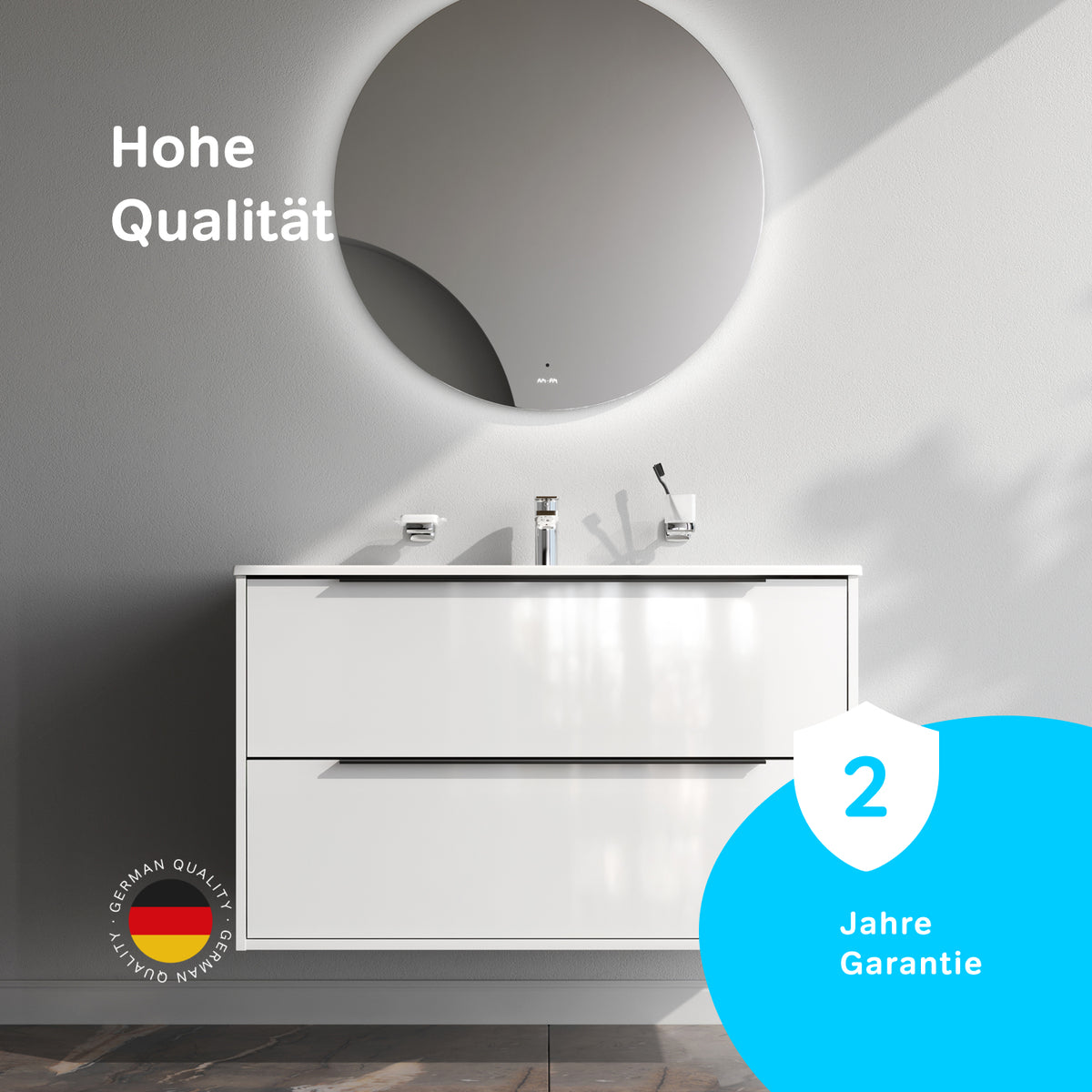 Meuble vasque avec lavabo, 100 cm, livré à plat, 2 tiroirs, blanc brillant–MNA-FHX1002WGSP-WCC1002WG