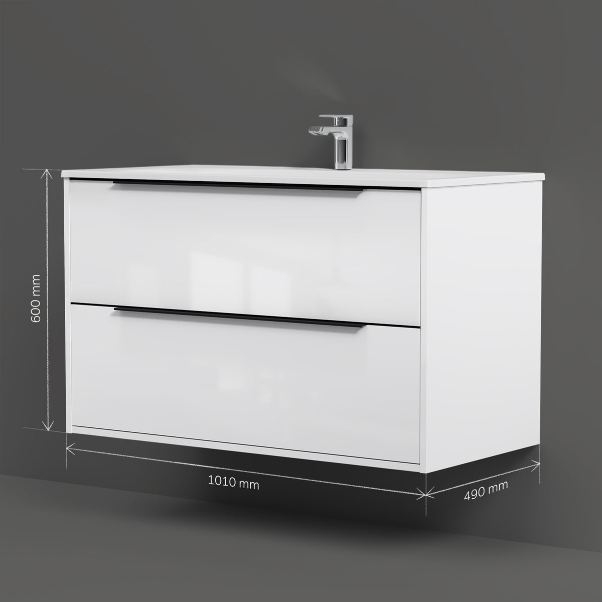 Meuble vasque avec lavabo, 100 cm, livré à plat, 2 tiroirs, blanc brillant–MNA-FHX1002WGSP-WCC1002WG