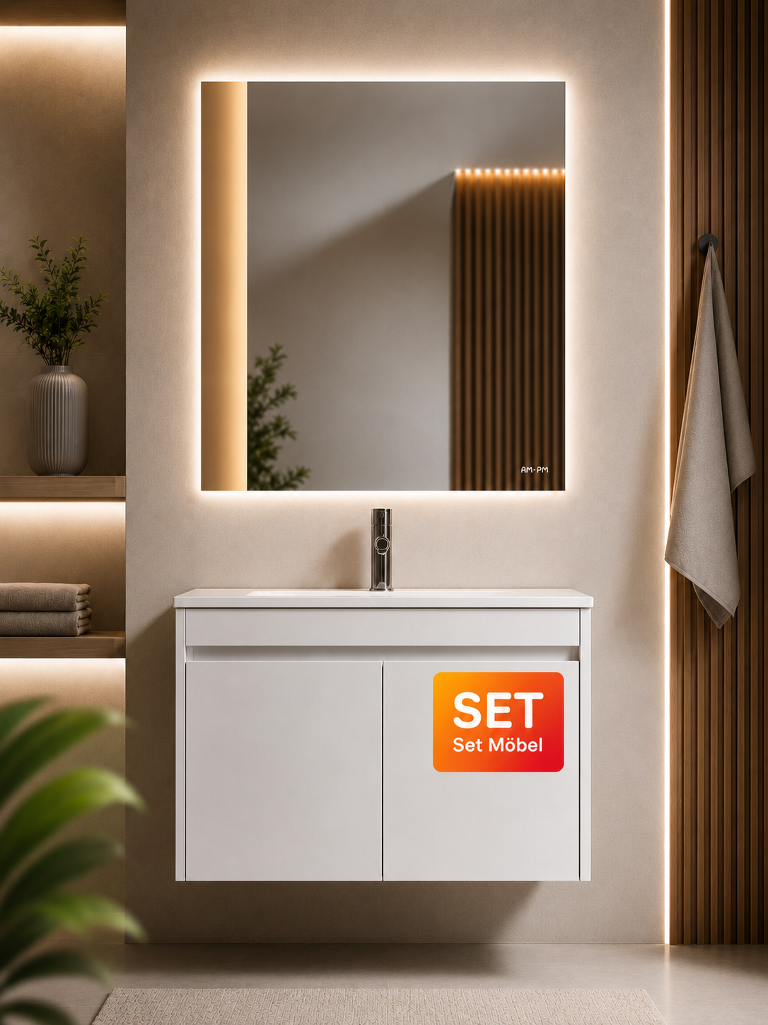 Badmöbel-Set mit Waschbecken und LED-Badspiegel, 60 cm, 2 Türen, Weiß glänzend – MPA0601WGCMO1